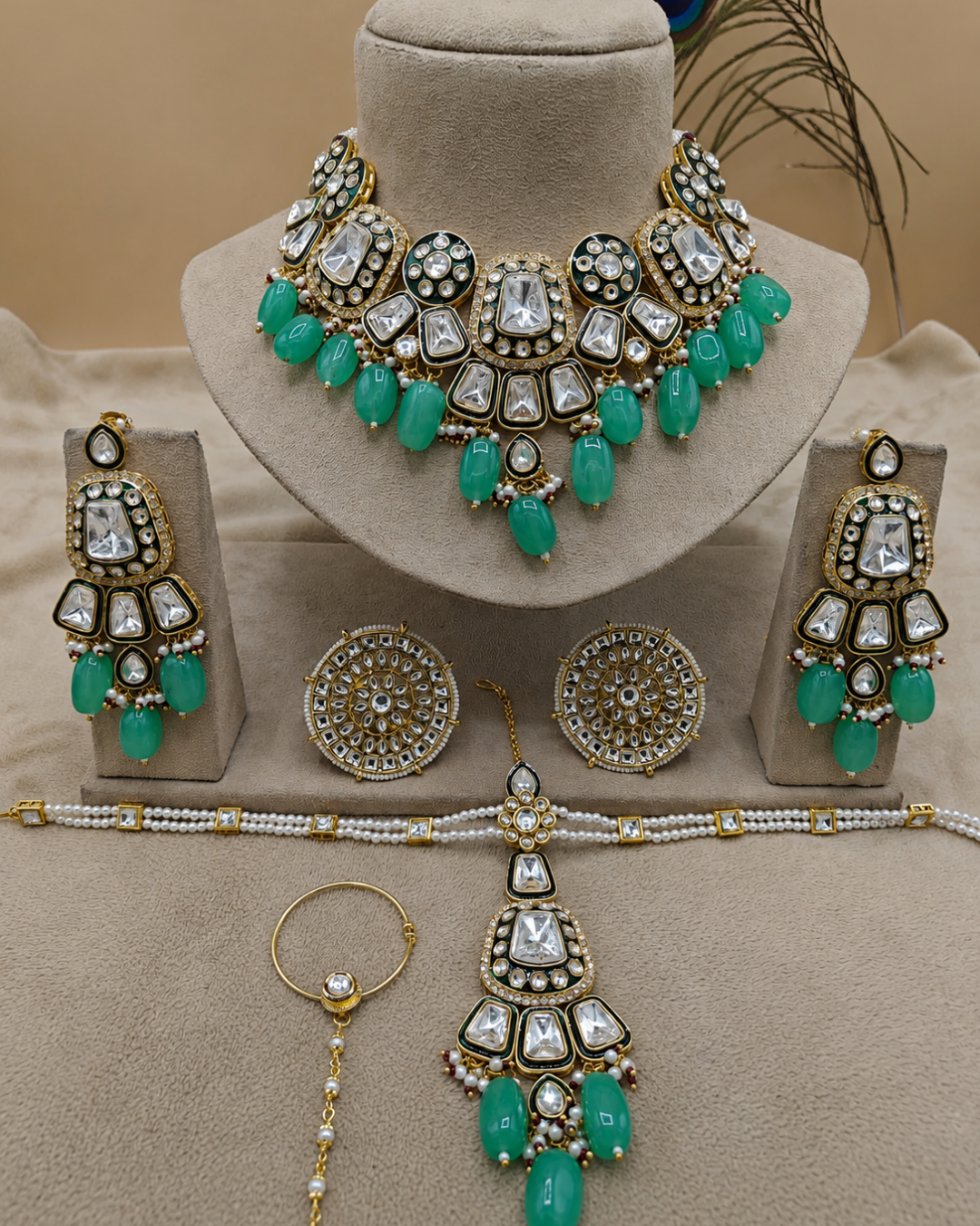Green and White Polki Bridal Choker Necklace Set