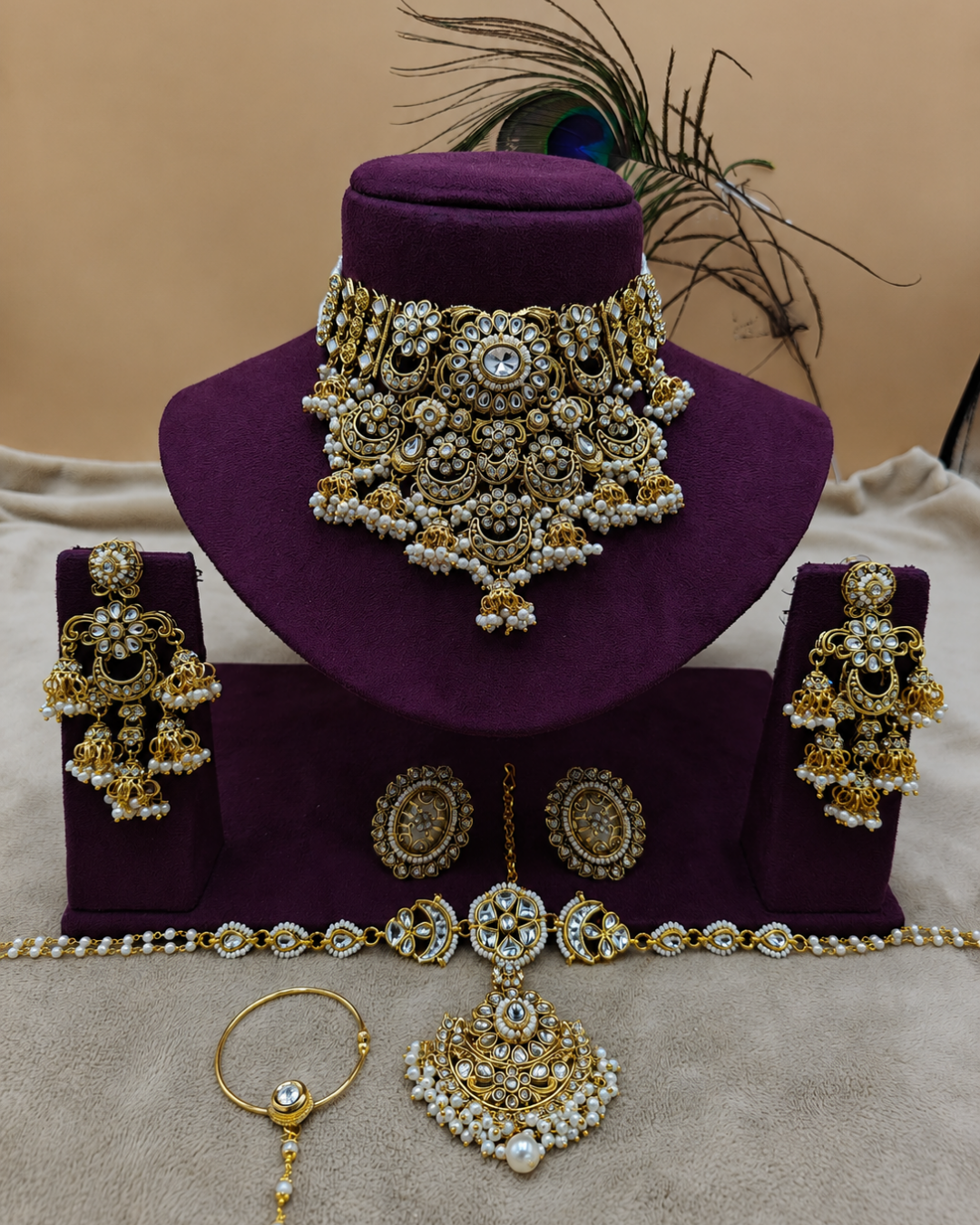 Traditional White and Gold Polki Bridal Choker Necklace Set