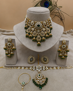 Traditional Emerald Green and White Polki Bridal Choker Necklace Set
