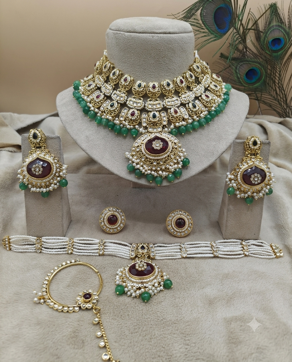 Royal Red and Green Bridal Choker Necklace Set