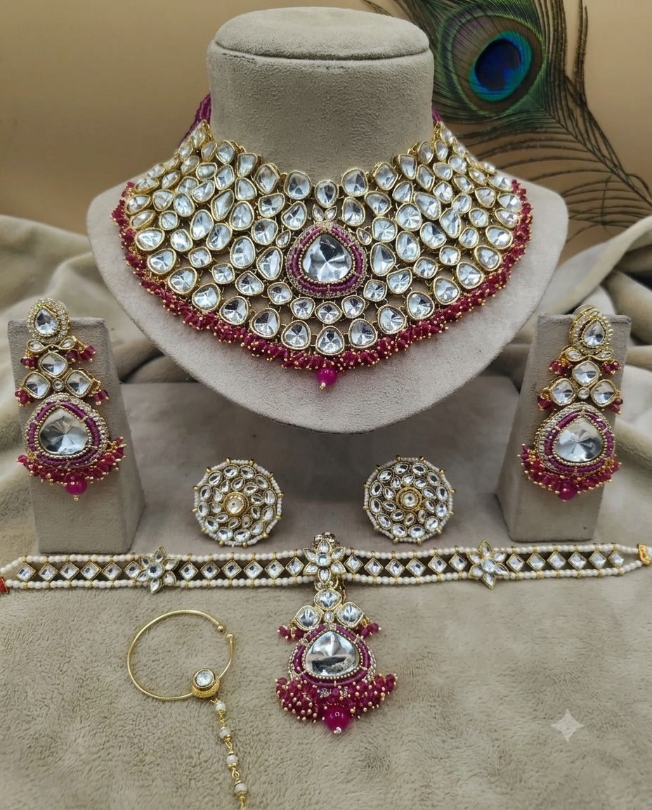 Polki and Pink Stone Bridal Choker Necklace Set