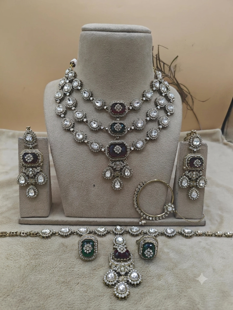 Multi-Layered Polki and Gemstone Bridal Necklace Set