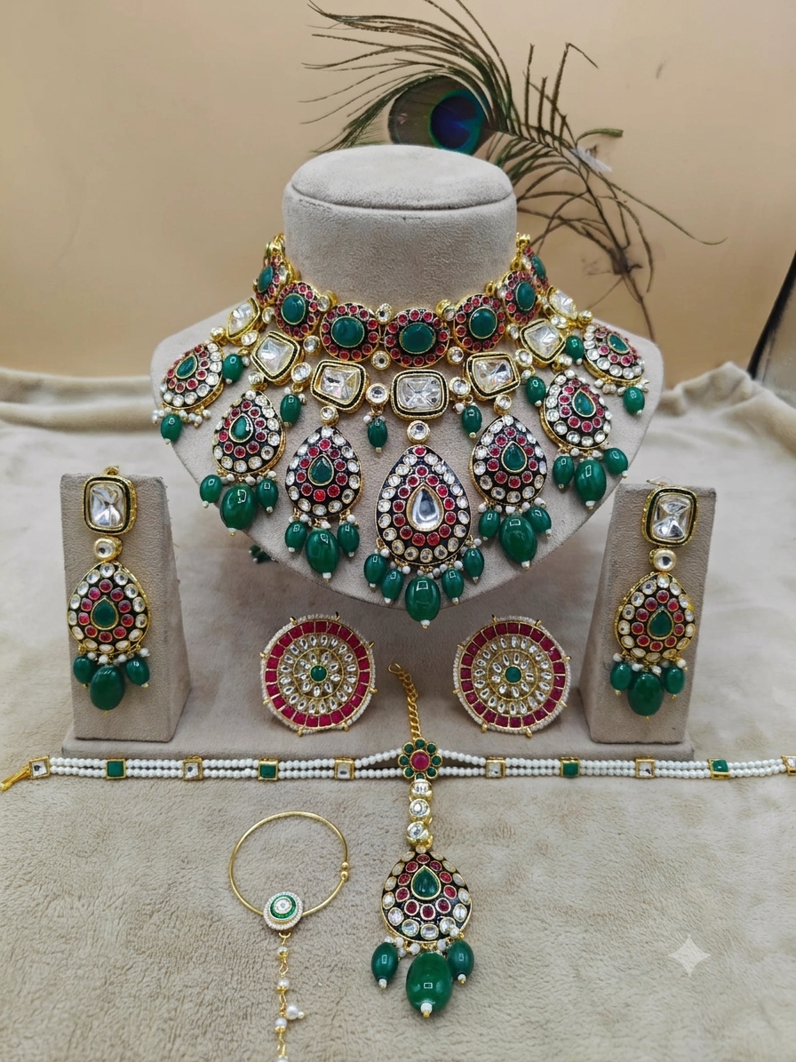 Traditional Emerald Green and Red Bridal Choker Necklace Set