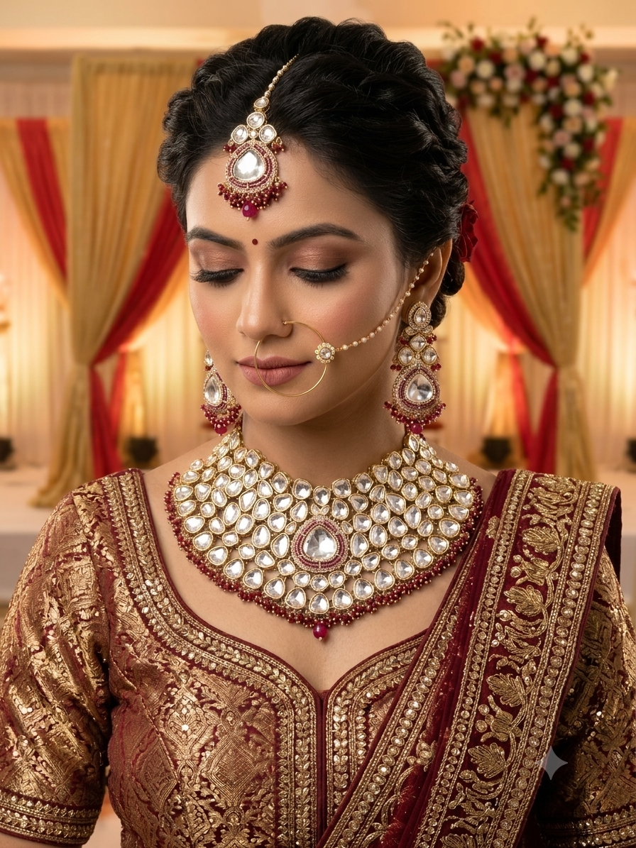 Polki and Pink Stone Bridal Choker Necklace Set