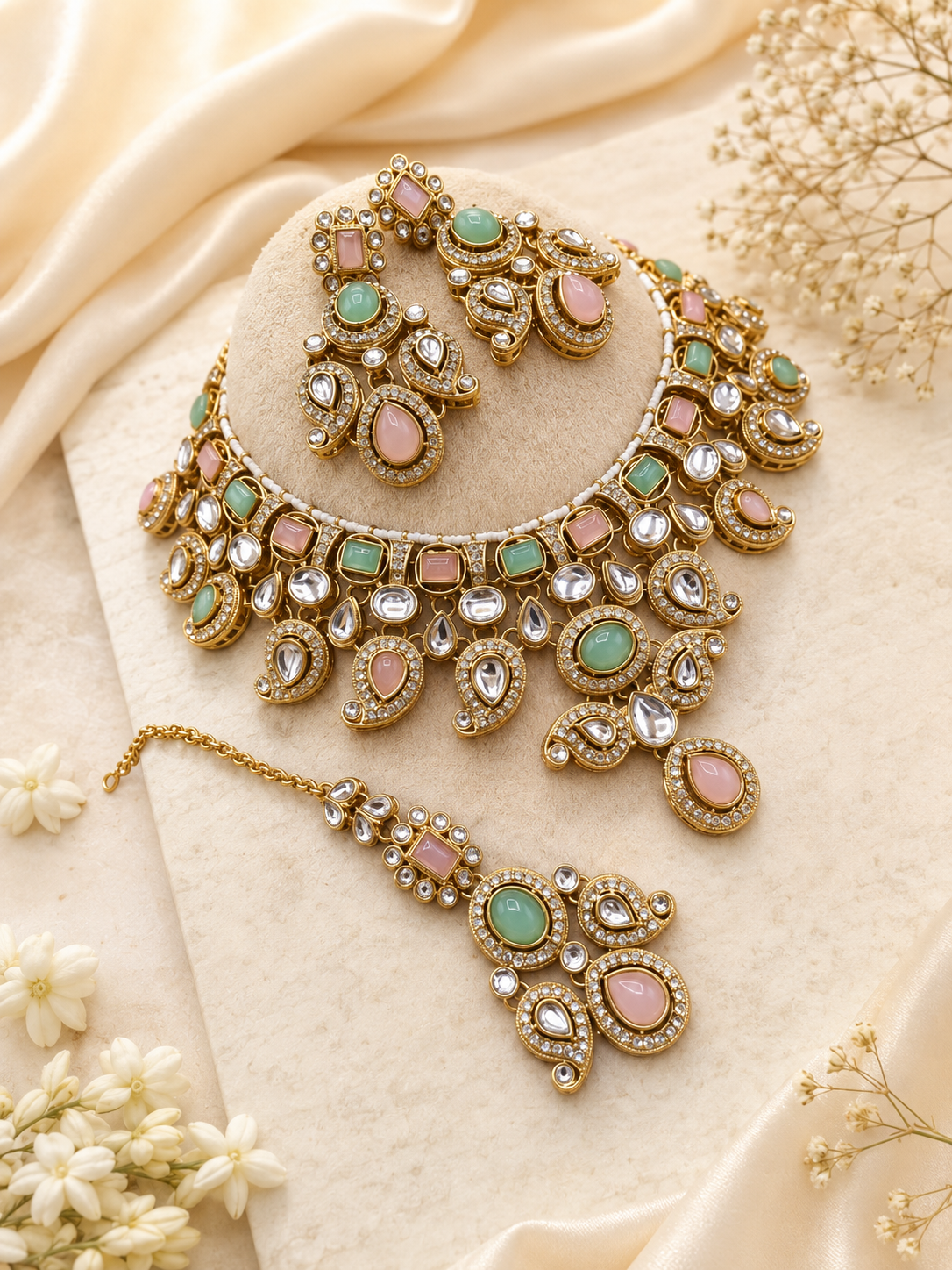Emerald & Blush Kundan Necklace Set