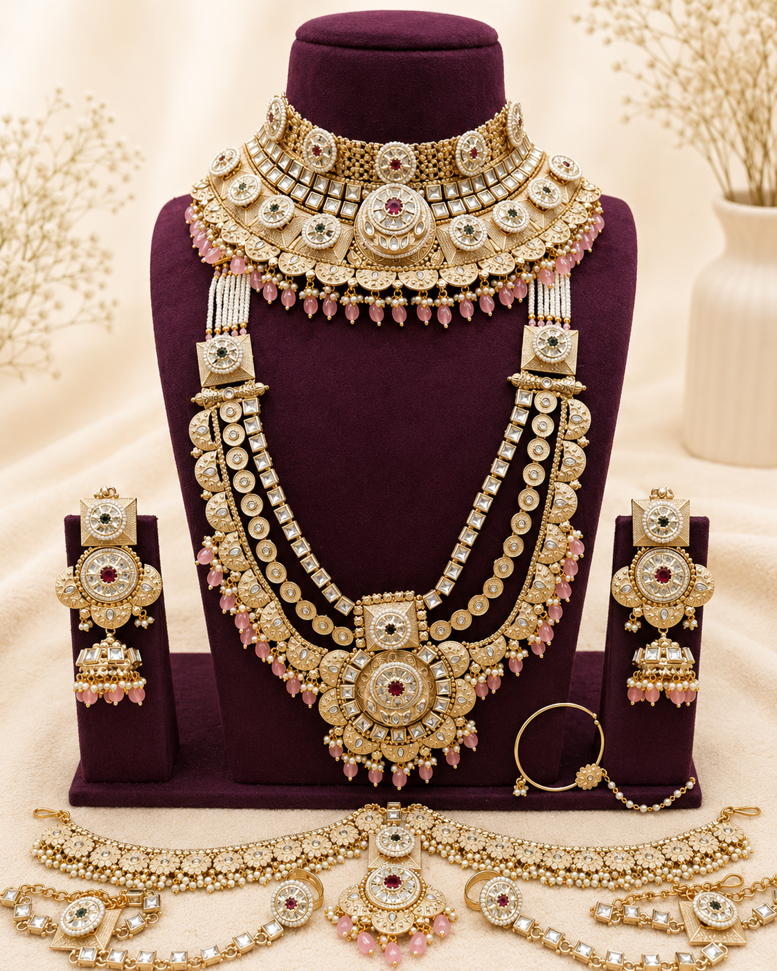 Pink Stone Rajwadi Bridal Set