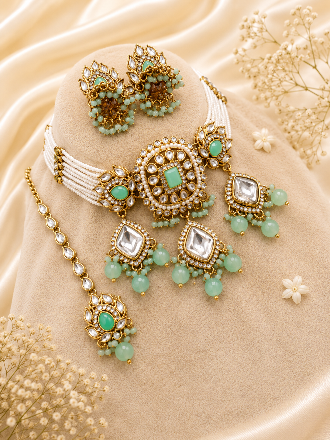 Mint Green Kundan Pearl Jewellery Set