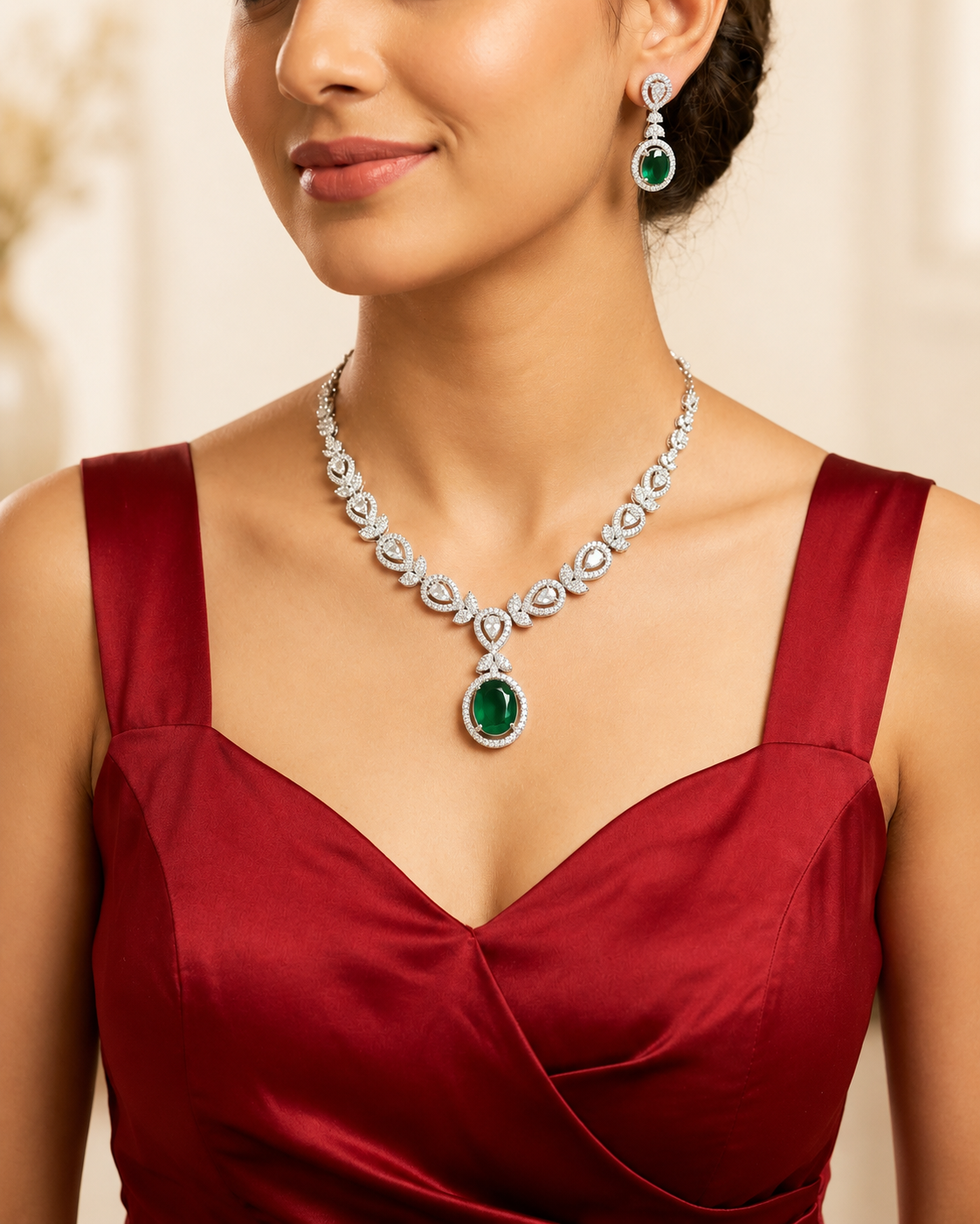 Emerald Halo Solitaire Necklace Set