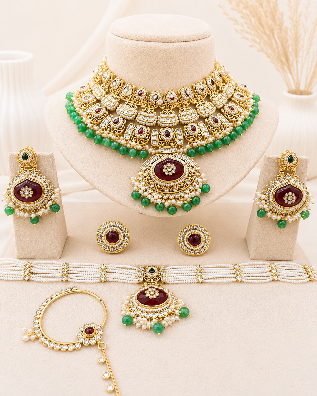 Royal Red and Green Bridal Choker Necklace Set