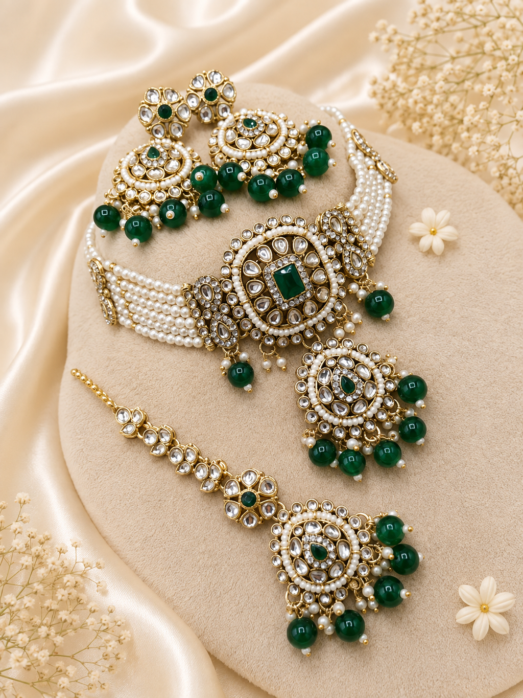 Emerald Green Kundan Pearl Necklace Set