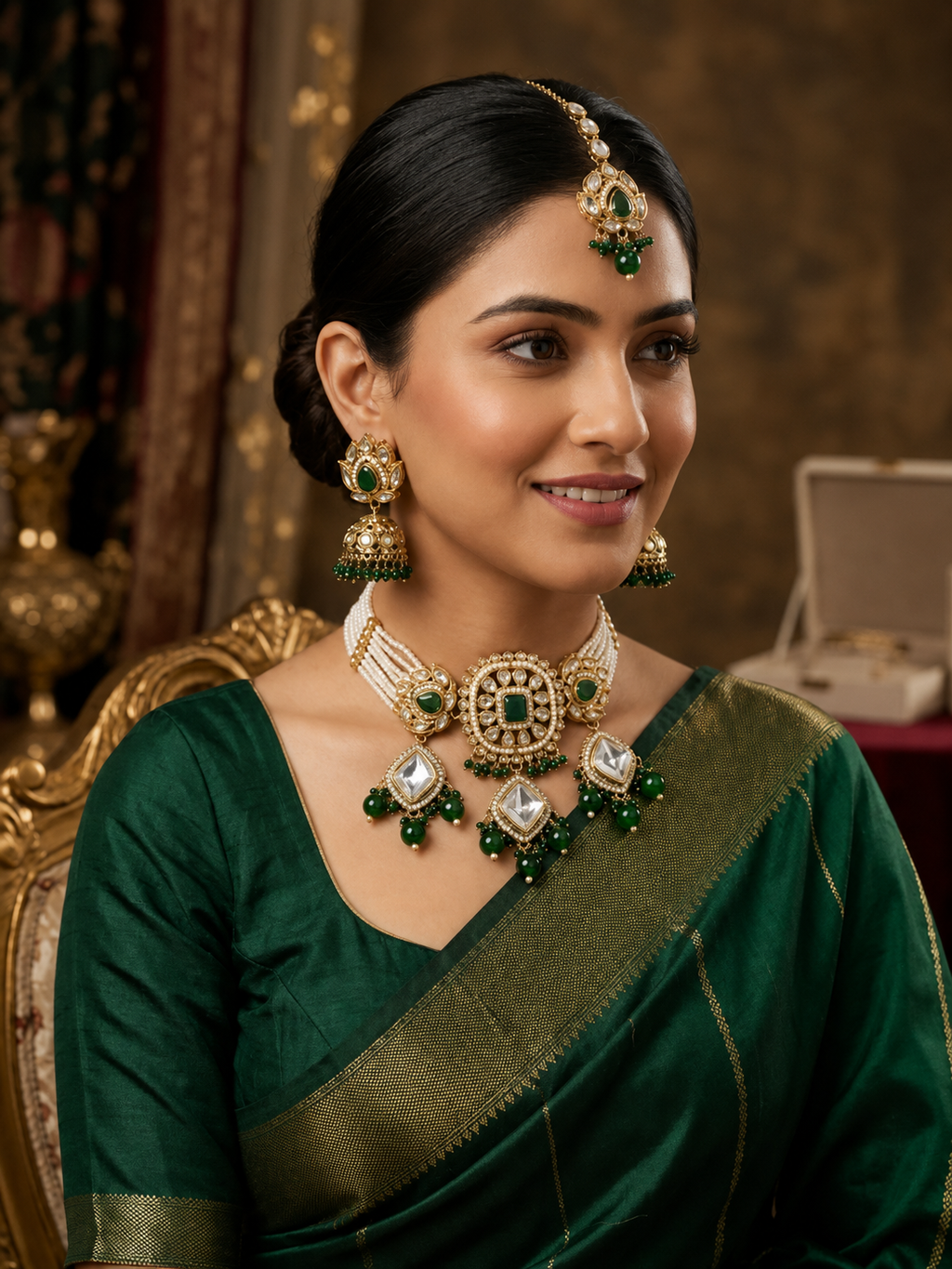Emerald Green Kundan Pearl Jewellery Set