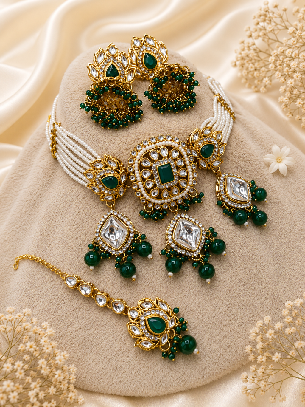 Emerald Green Kundan Pearl Jewellery Set