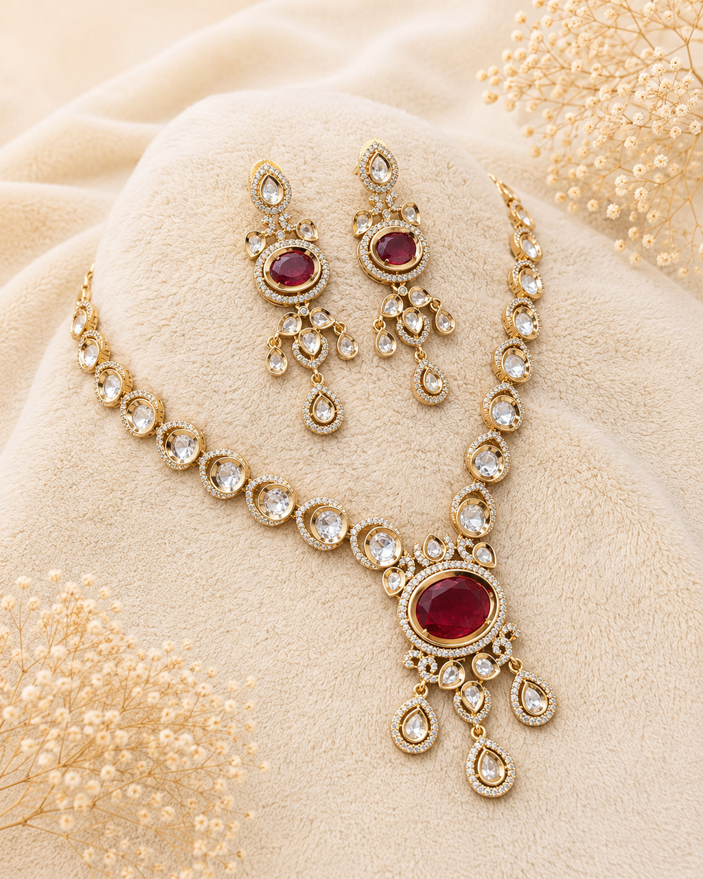 Ruby Crystal Statement Necklace Set