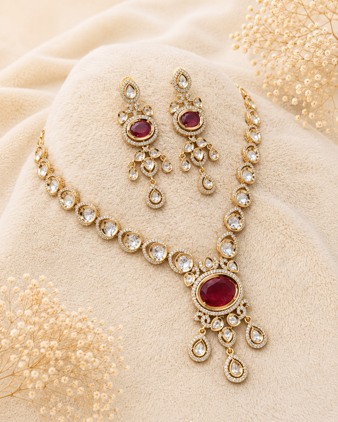 Ruby Crystal Statement Necklace Set
