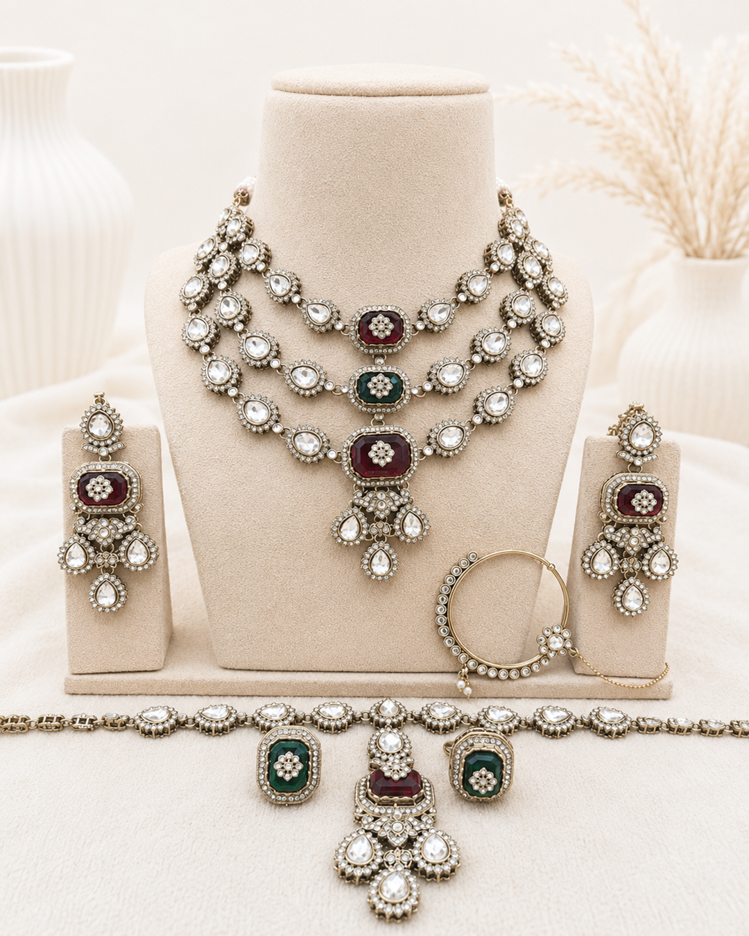 Multi-Layered Polki and Gemstone Bridal Necklace Set