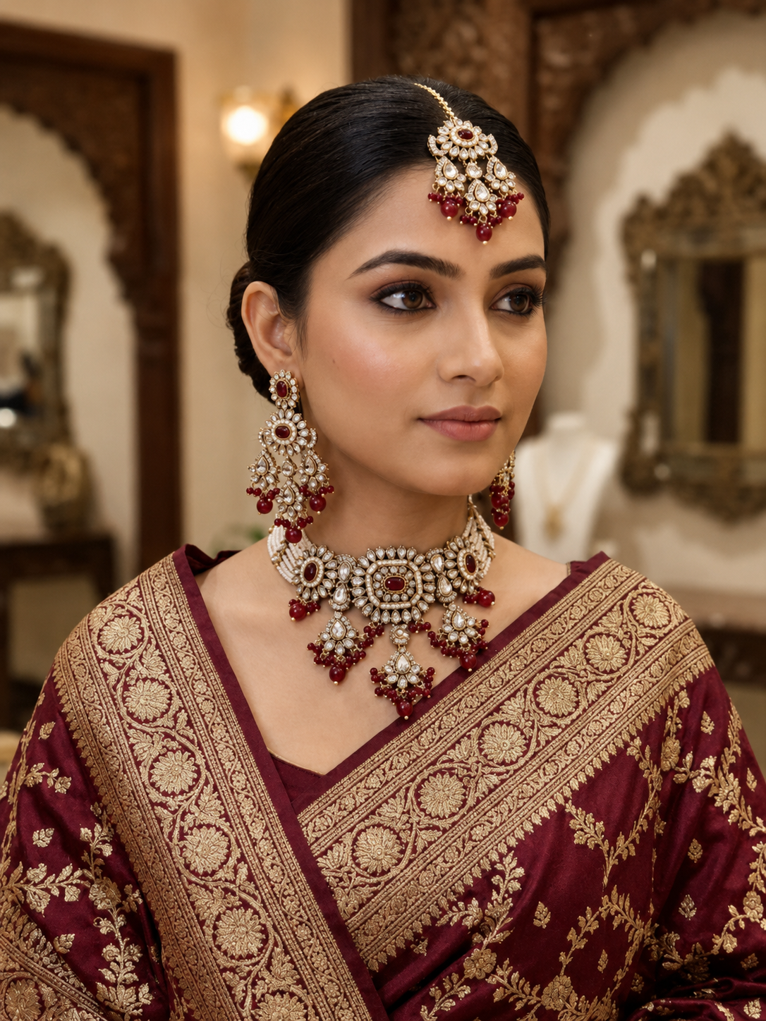 Ruby Kundan Pearl Bridal Jewelry Set