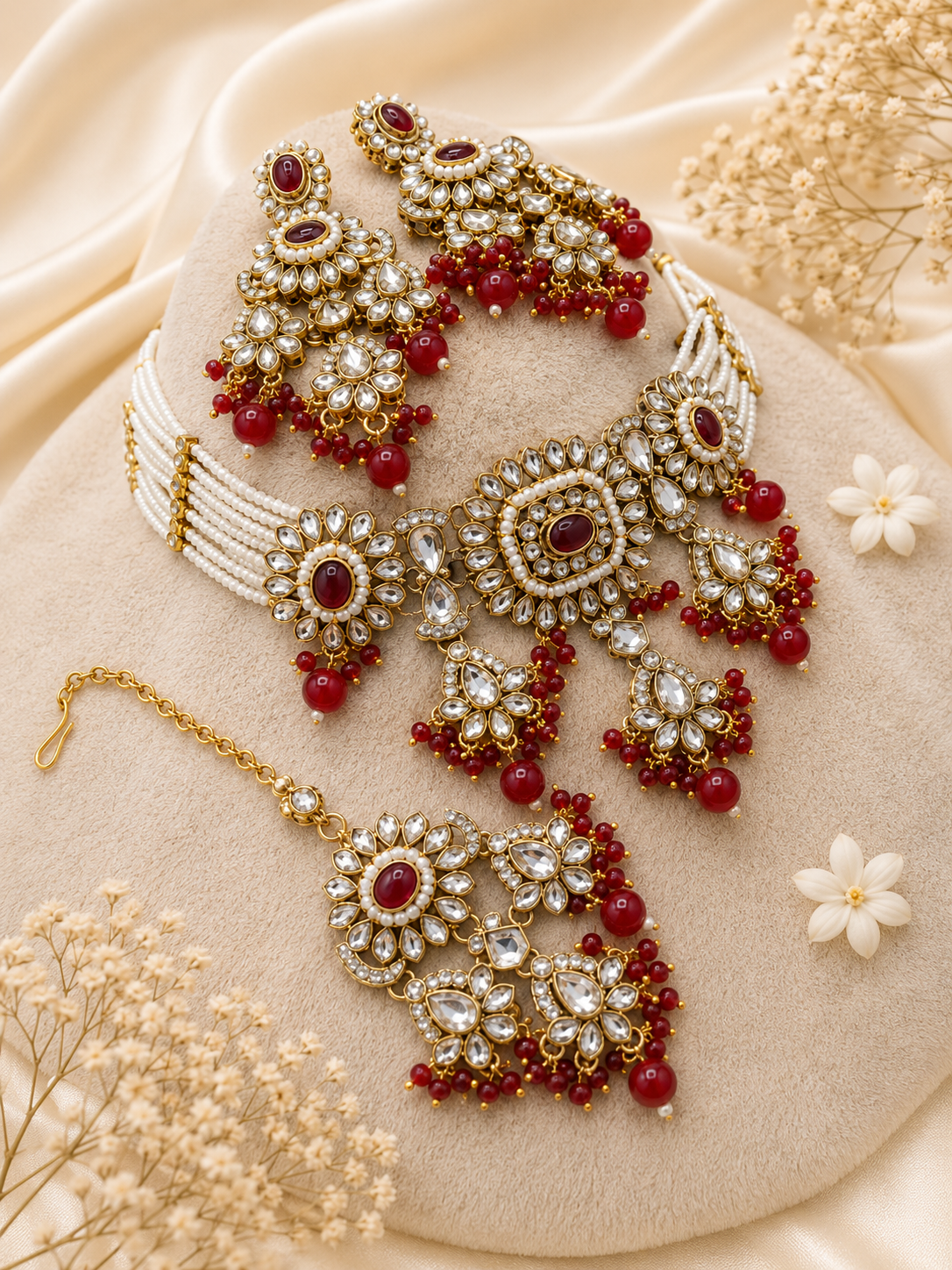 Ruby Kundan Pearl Bridal Jewelry Set
