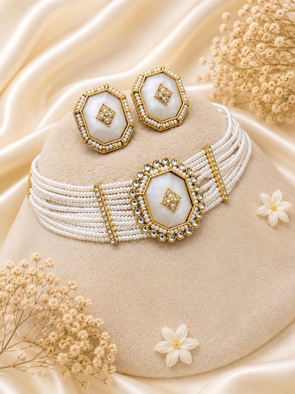 White Kundan Pearl Necklace Set