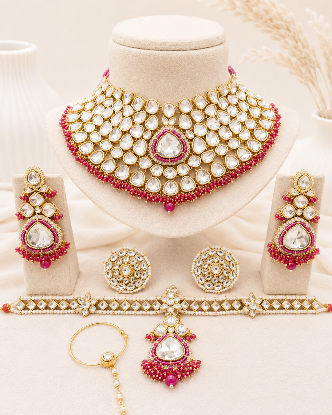 Polki and Pink Stone Bridal Choker Necklace Set