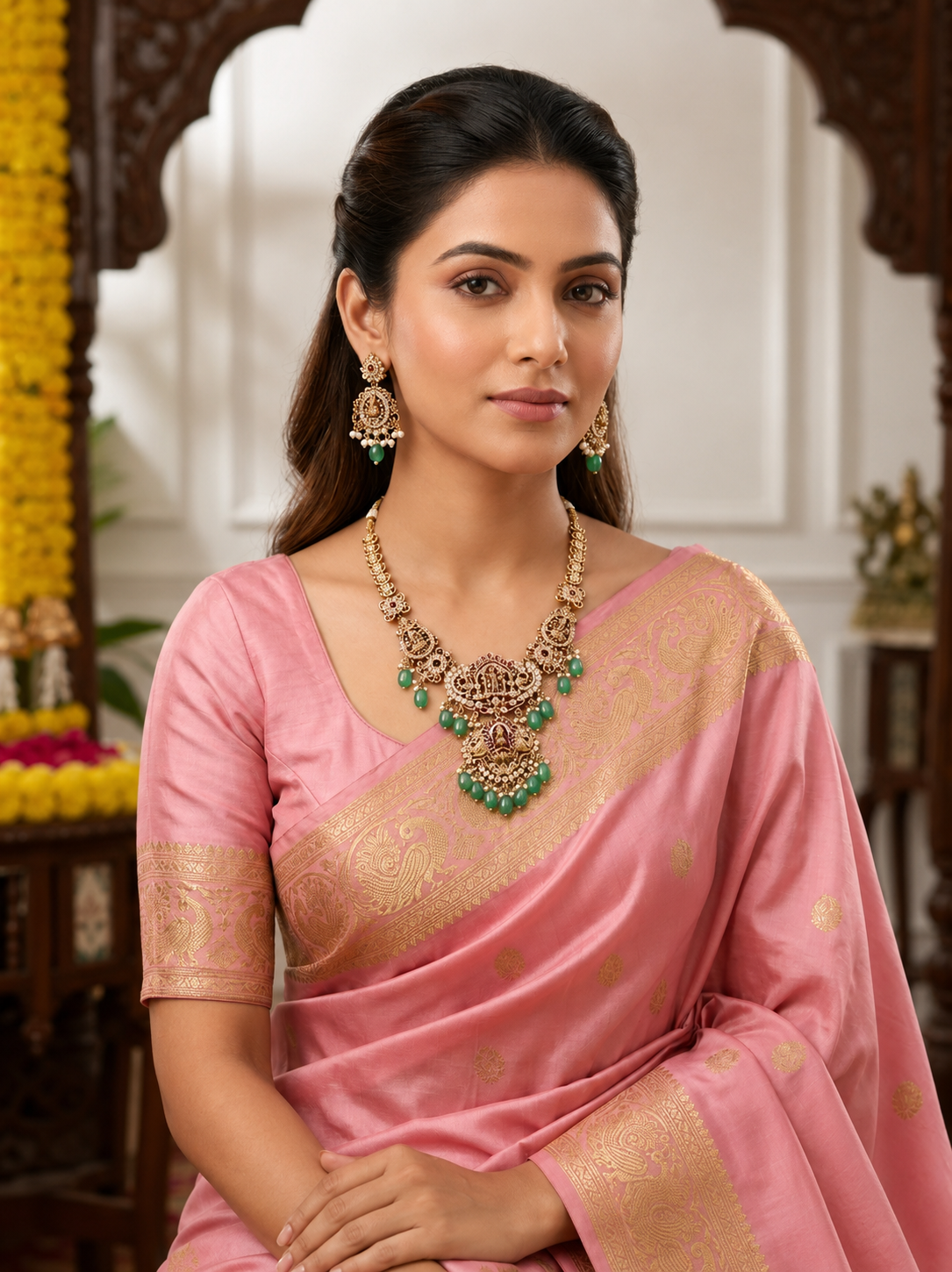 Green Beads Temple Necklace Set