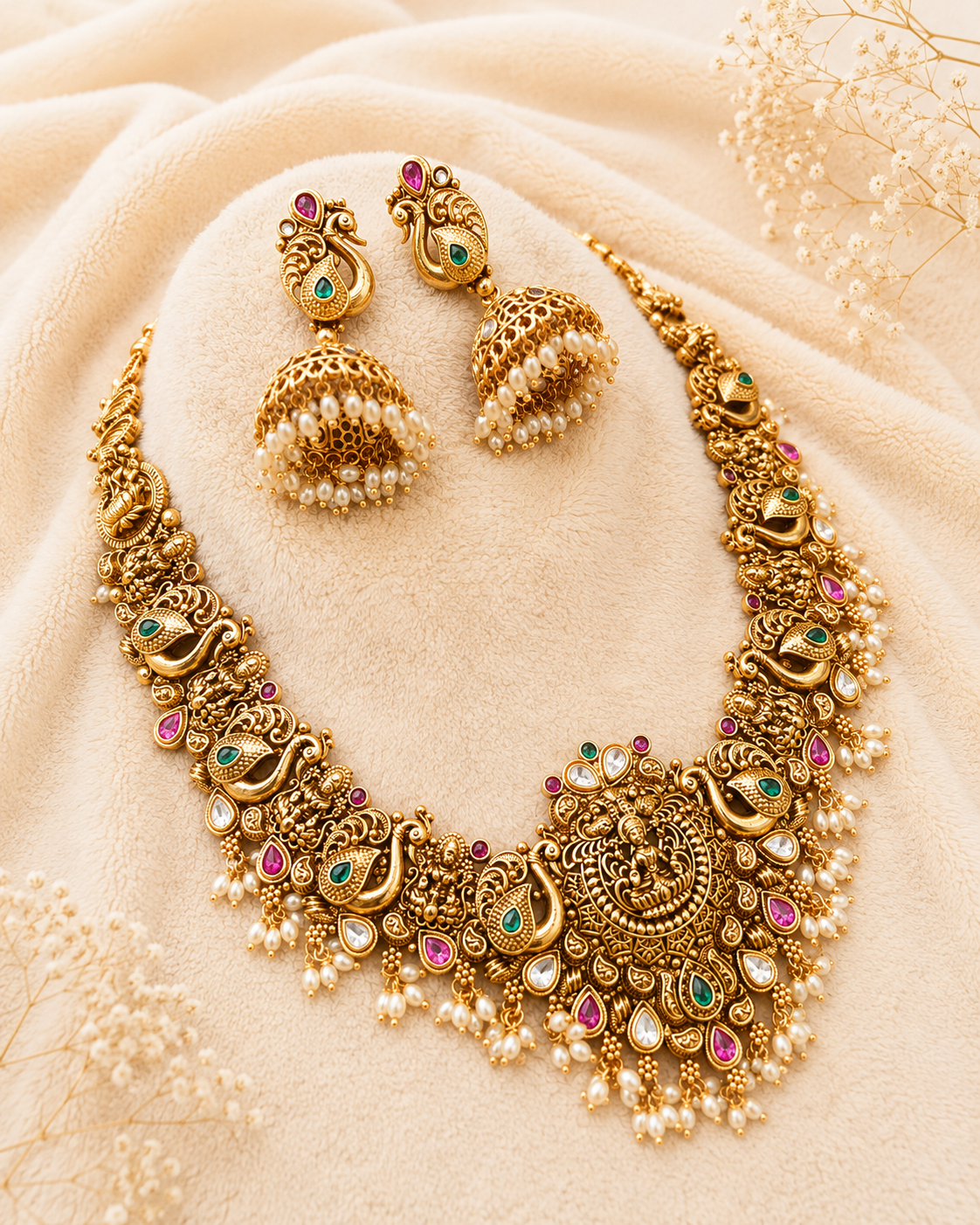 Royal Peacock Pearl Temple Necklace Set