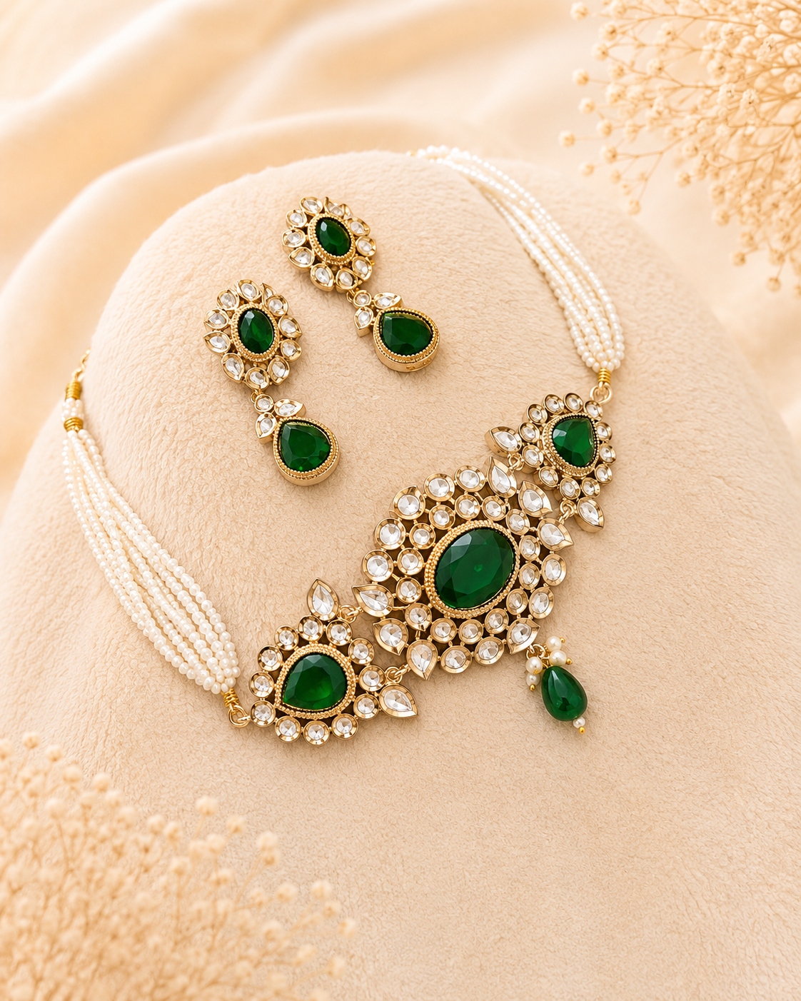 Emerald Pearl Kundan green Necklace Set
