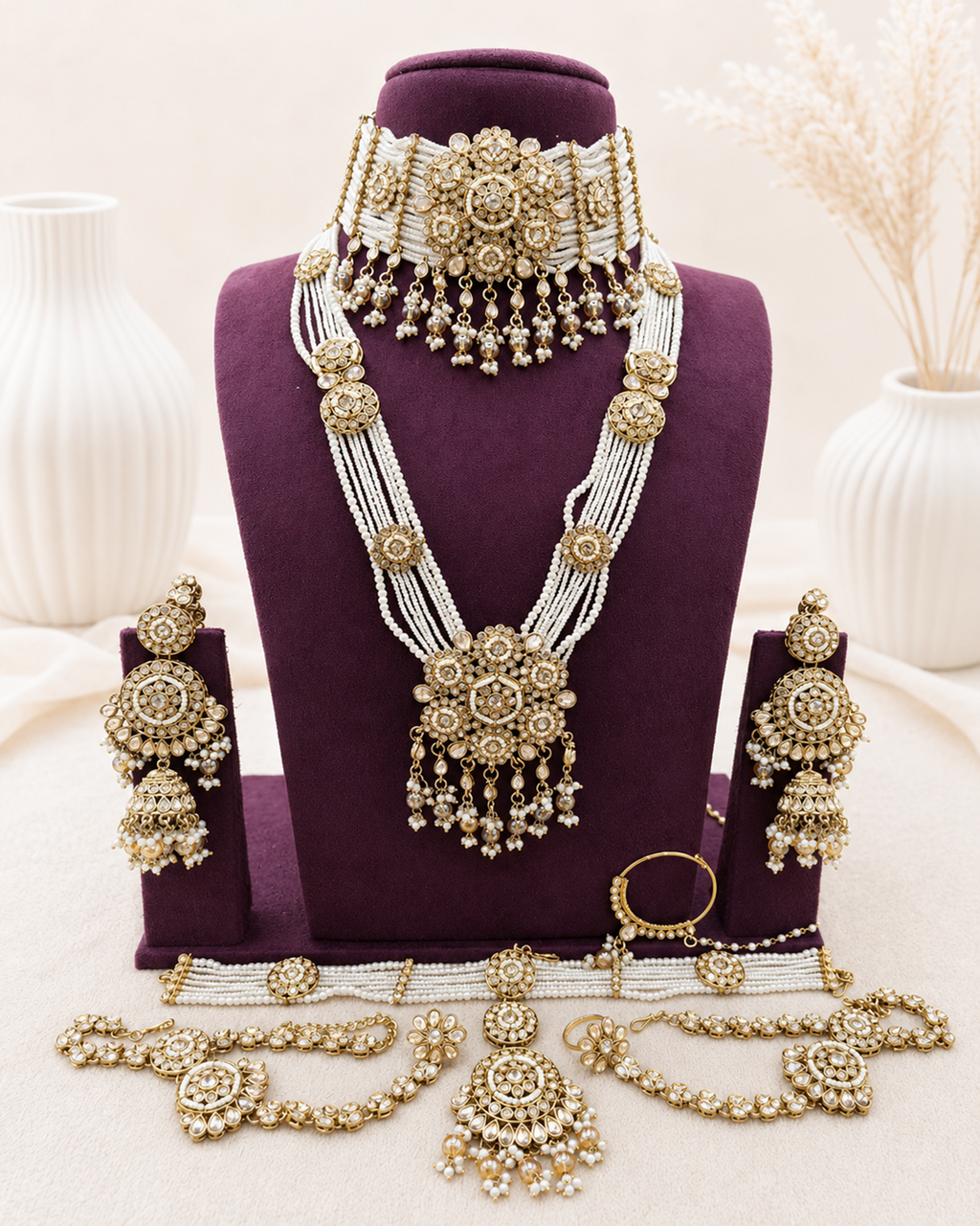 Traditional Pearl and Polki Bridal Necklace Set