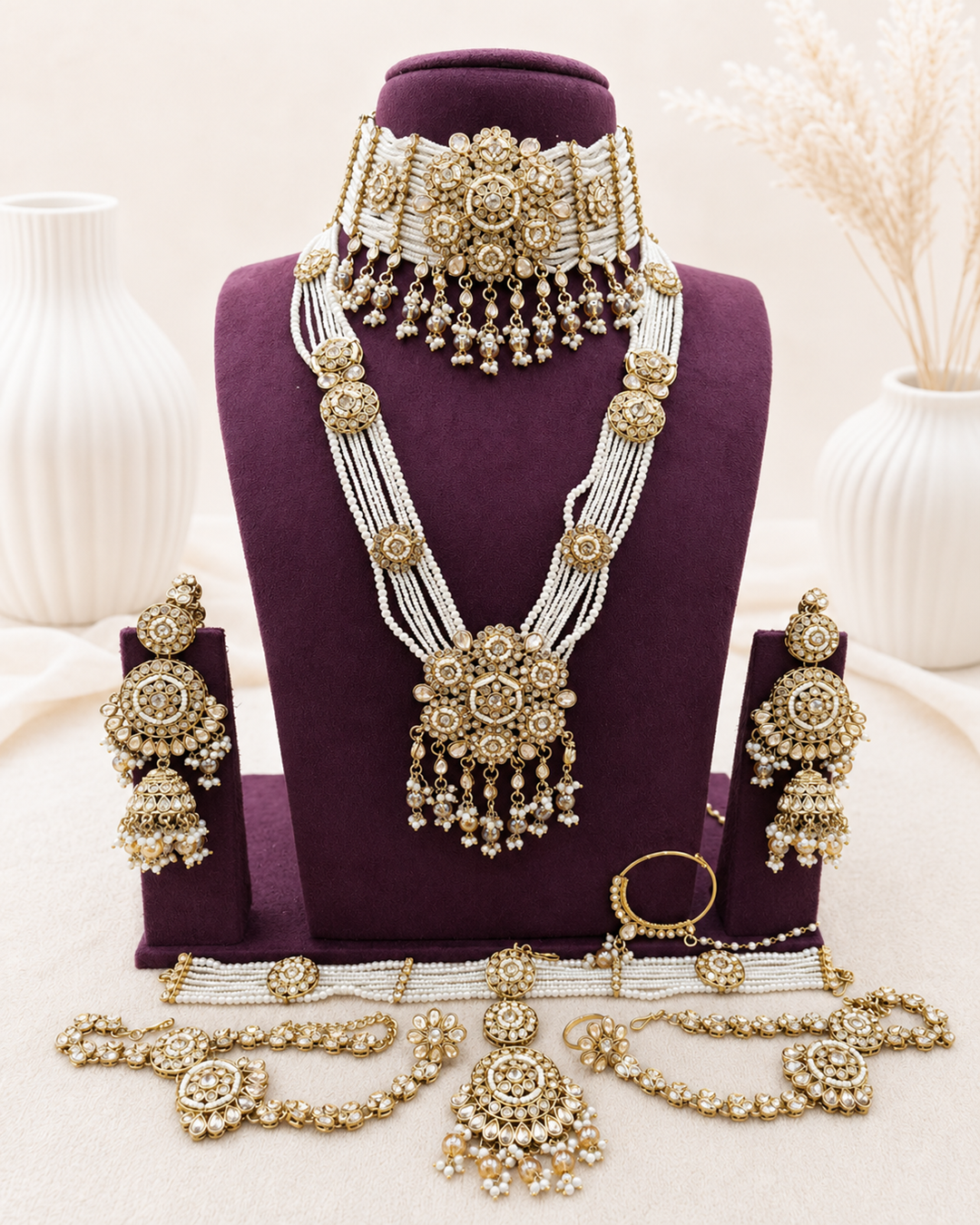 Traditional Pearl and Polki Bridal Necklace Set
