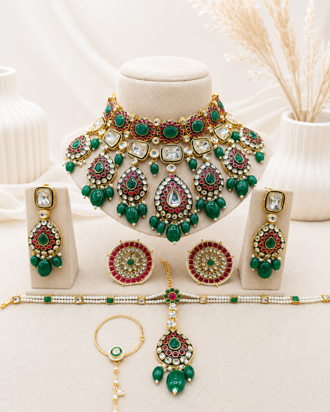 Traditional Emerald Green and Red Bridal Choker Necklace Set
