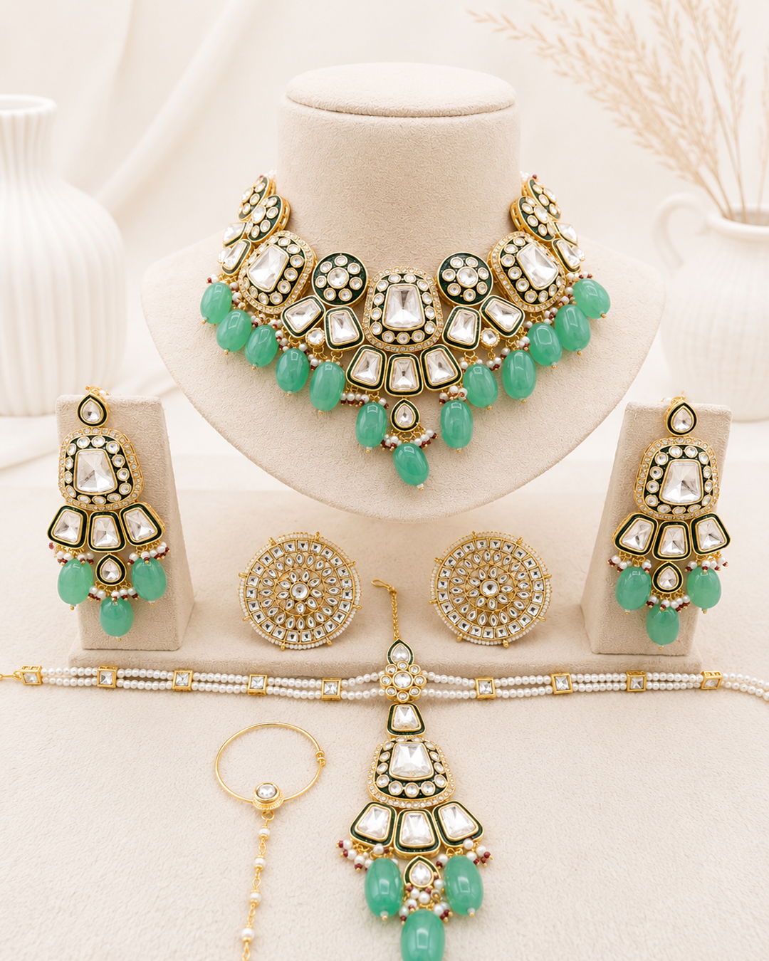 Green and White Polki Bridal Choker Necklace Set