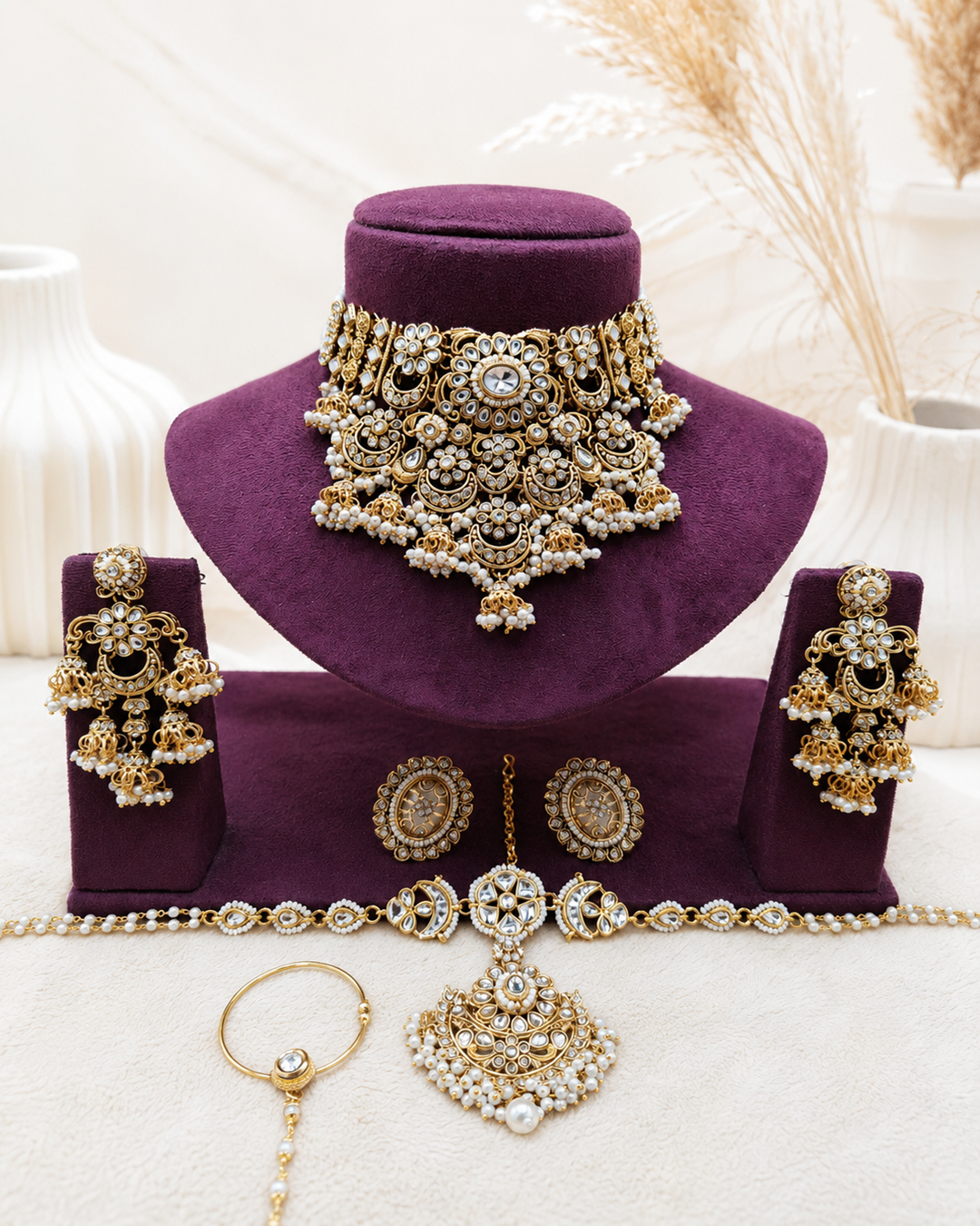 Traditional White and Gold Polki Bridal Choker Necklace Set