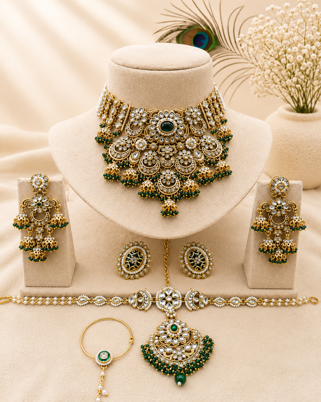 Traditional Emerald Green and White Polki Bridal Choker Necklace Set