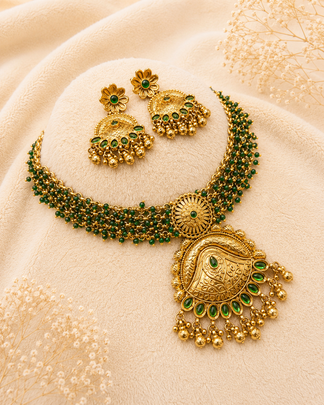 Emerald Beaded Antique Pendant Necklace Set