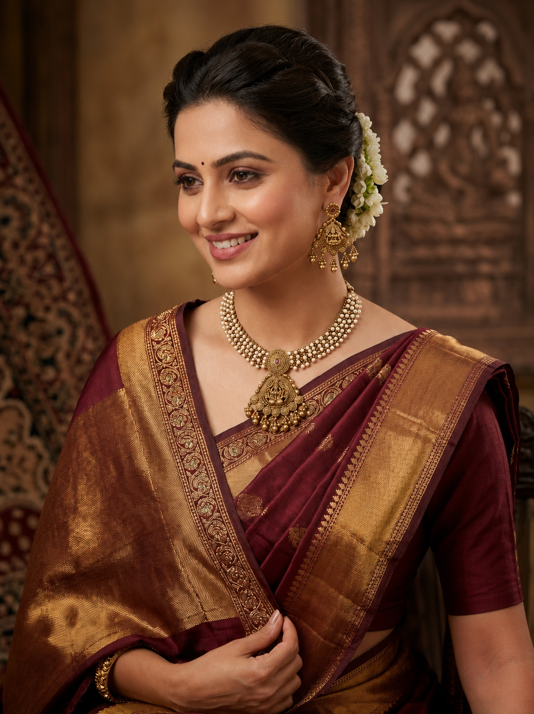 Asmani Pearl Temple Pendant Necklace Set