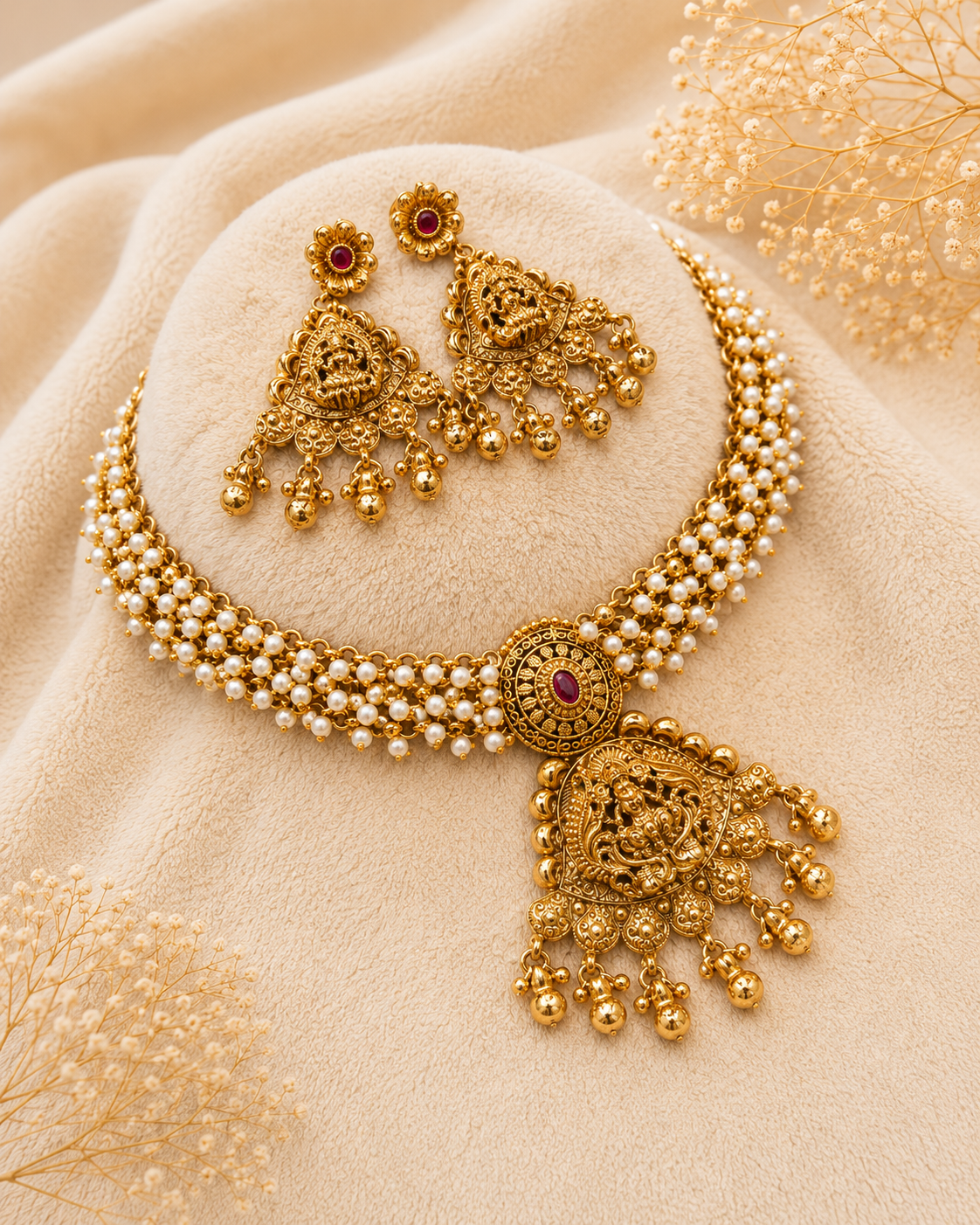 Asmani Pearl Temple Pendant Necklace Set