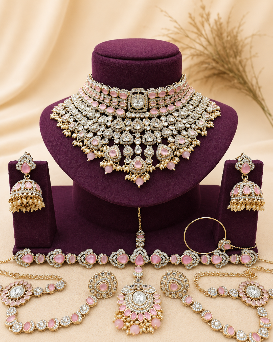 Pink polki choker set