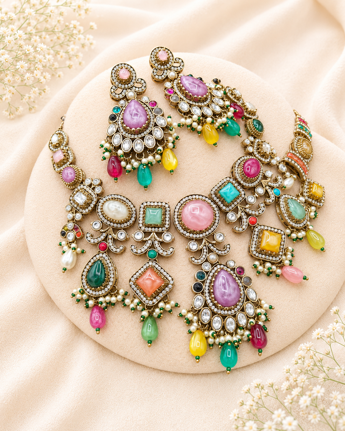Pastel Multicolor Stone Statement Necklace Set