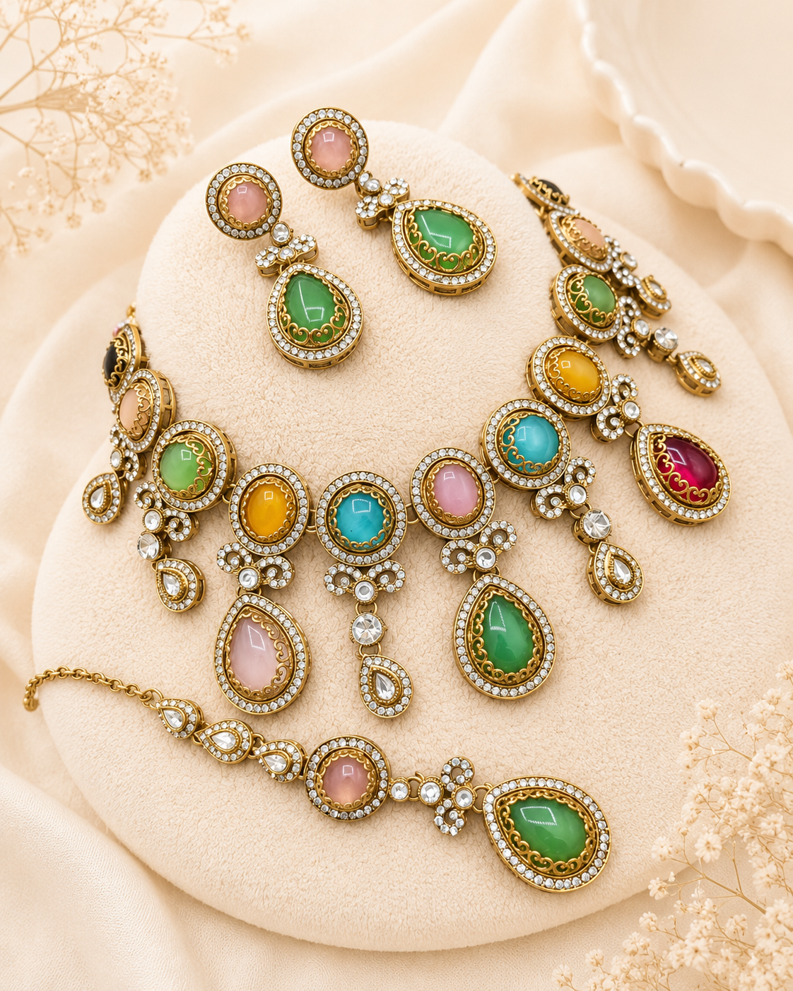 Pastel Green Teardrop Stone Necklace Set