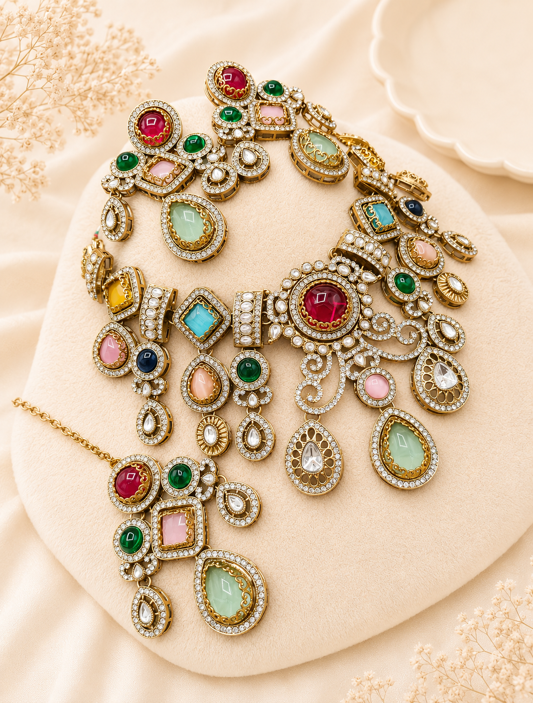 Ruby & Mint Stone Bridal Necklace Set